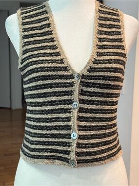 Dkny Striped V-Neck Button Front Sweater Vest - Black and Tan